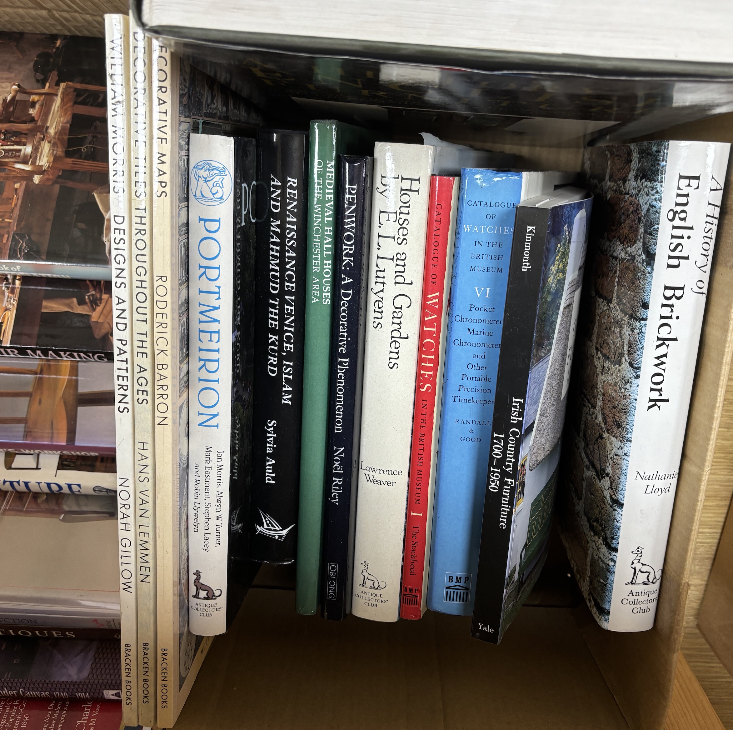 Twenty-Four mainly antique and restoration related books, including; History of English Brickwork, Domestic Metalwork 1640-1820, Penwork a Decorative Phenomenon, Portmerion, British Campaign Furniture, American Furniture